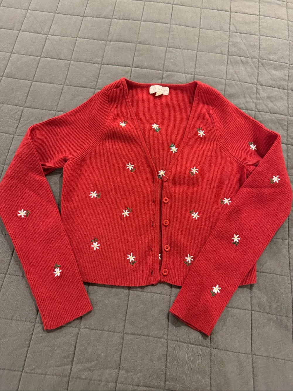 La Hearts Red Embroidered Daisy Cardigan